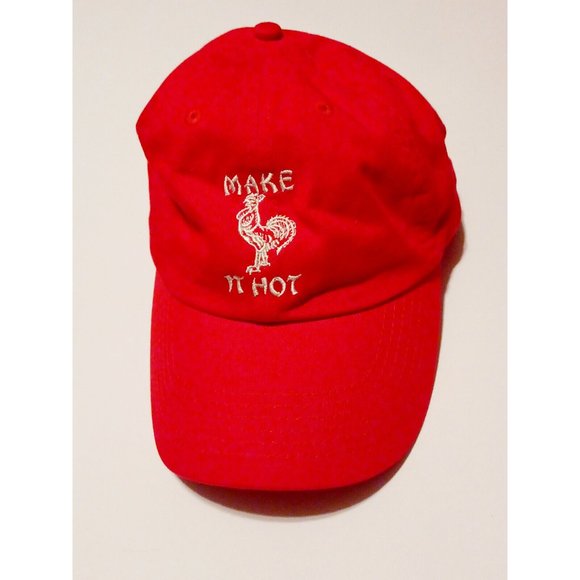 Petal and Peacocks Red Rooster Make It Hot Sriracha Hat OSFM ADJUSTABLE - Picture 1 of 10